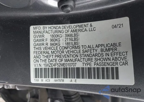 2021 Honda Insight Ex из США, поврежденный, VIN 19XZE4F52ME010707